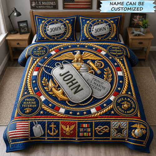 Proud Marine Veteran Honor Crest 3-Piece Quilted Bedding Set QTCUZ GFTOHNL2504