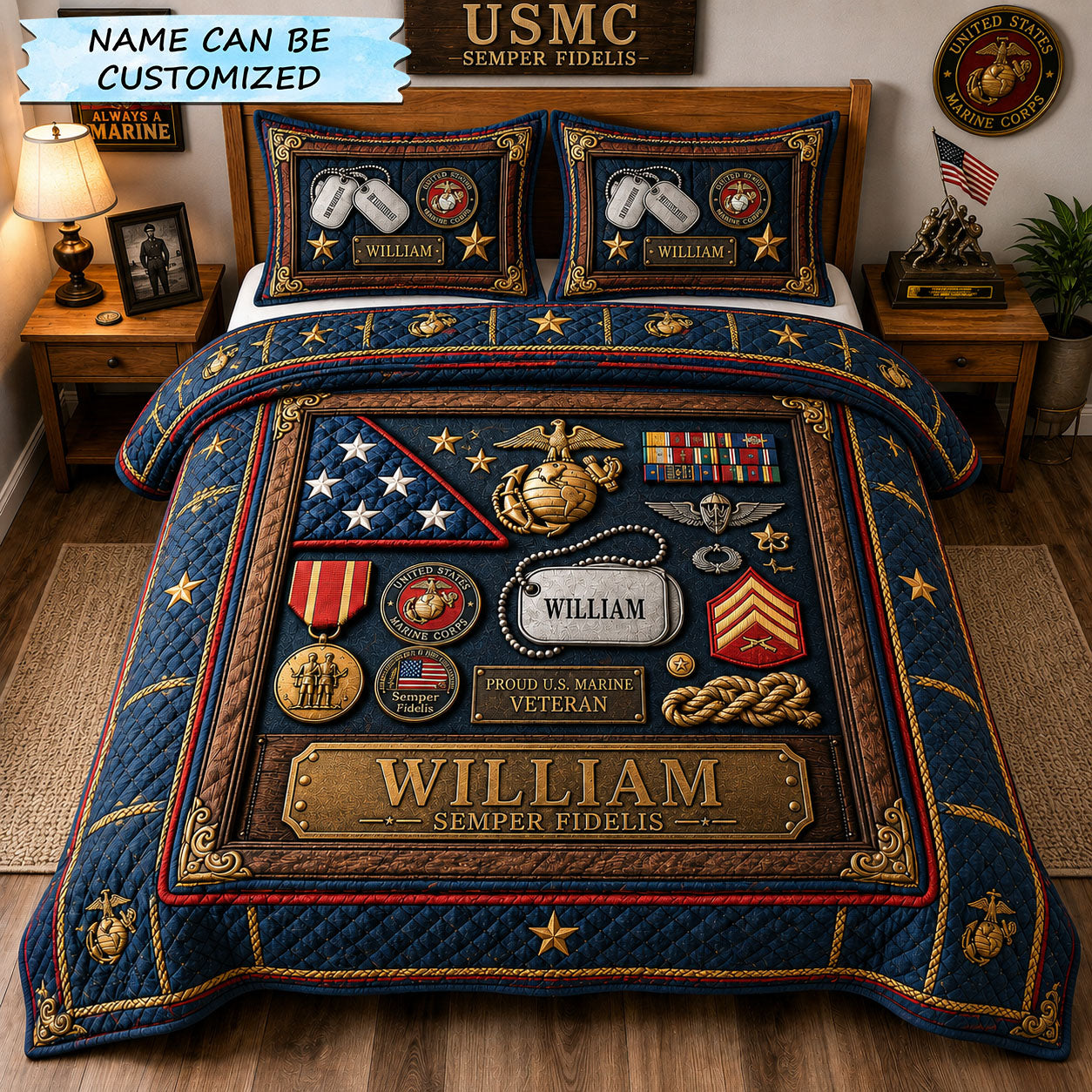 Marine Veteran Shadow Box Honor 3-Piece Quilted Bedding Set QTCUZ GFTOHNL2509
