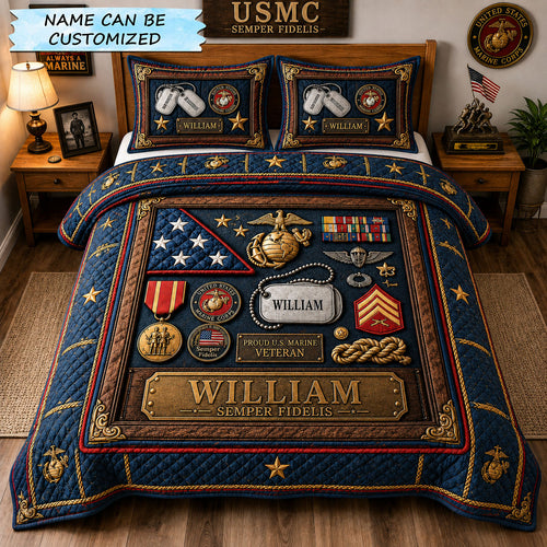 Marine Veteran Shadow Box Honor 3-Piece Quilted Bedding Set QTCUZ GFTOHNL2509