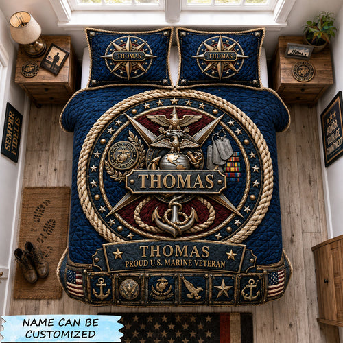 Marine Veteran Compass Of Honor 3-Piece Quilted Bedding Set QTCUZ GFTOHNL2510