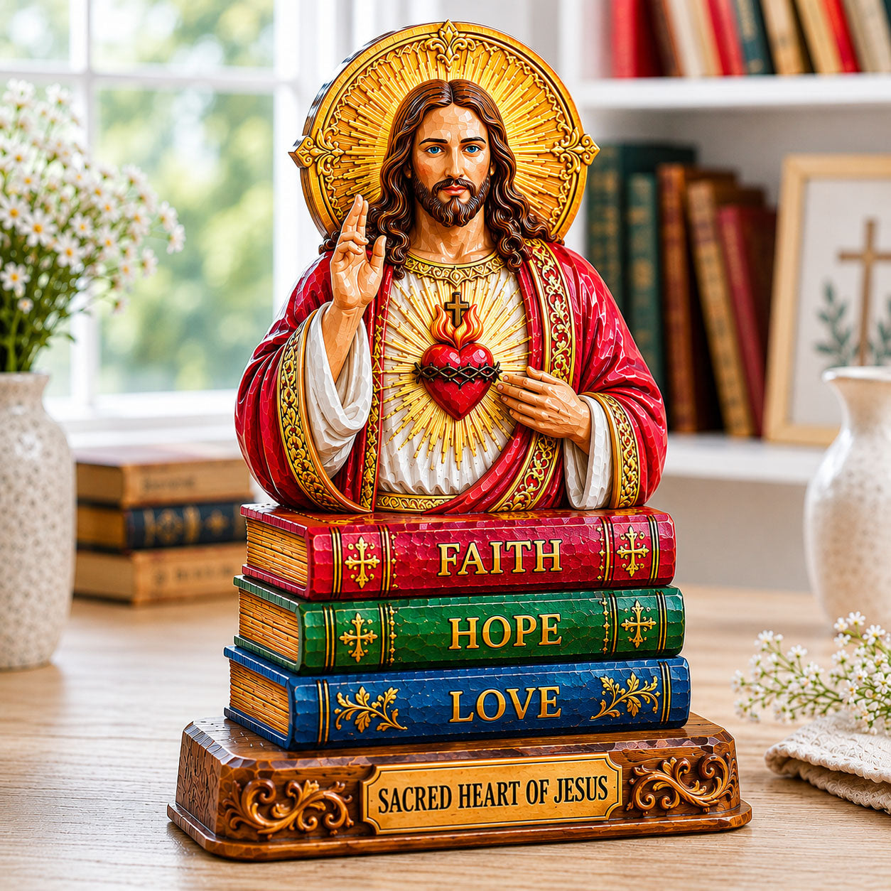 Sacred Heart Faith Hope Love Wooden Block 3-Layers GFTOHNL2644