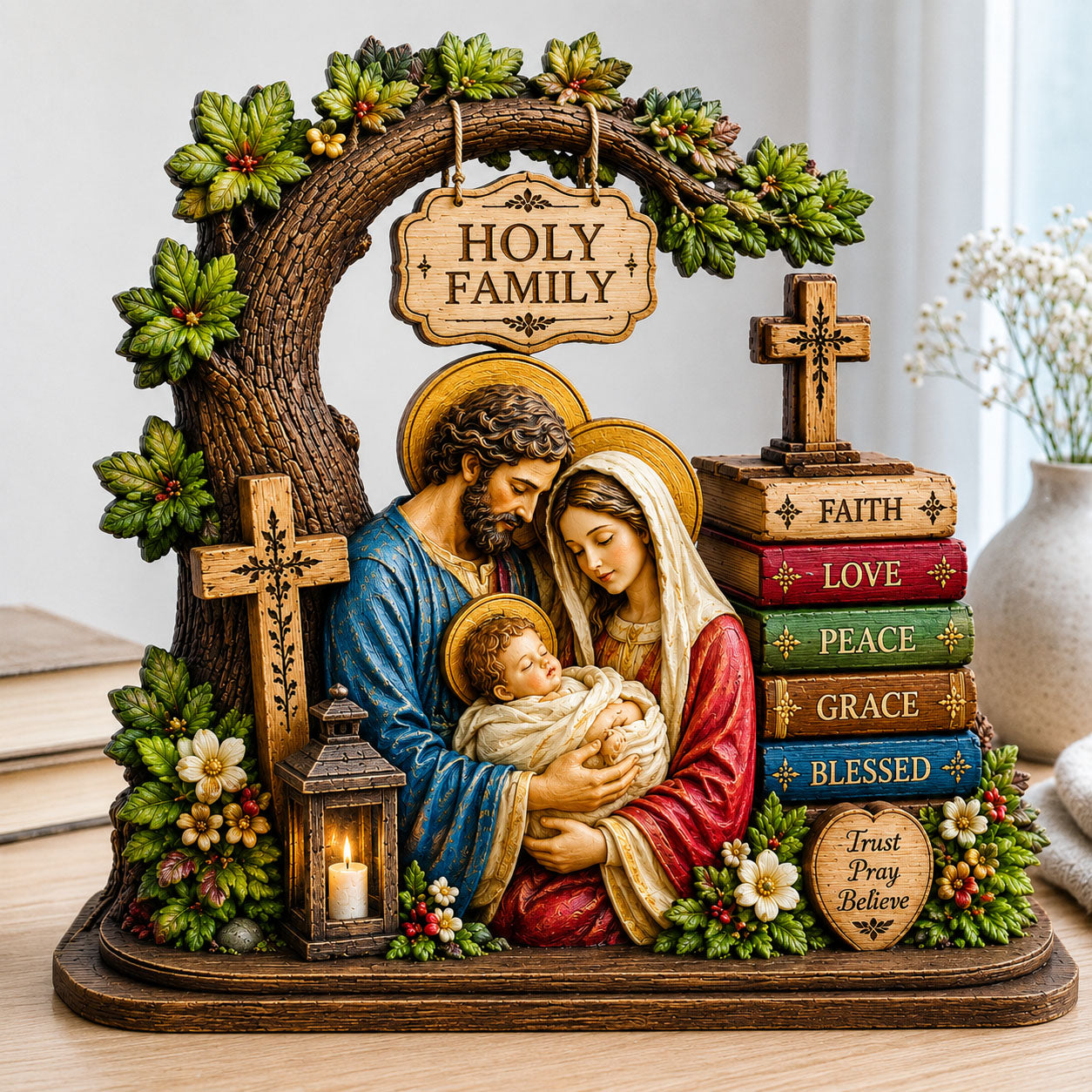 Holy Family Faith Love Peace Wooden Block 3-Layers GFTOHNL2647