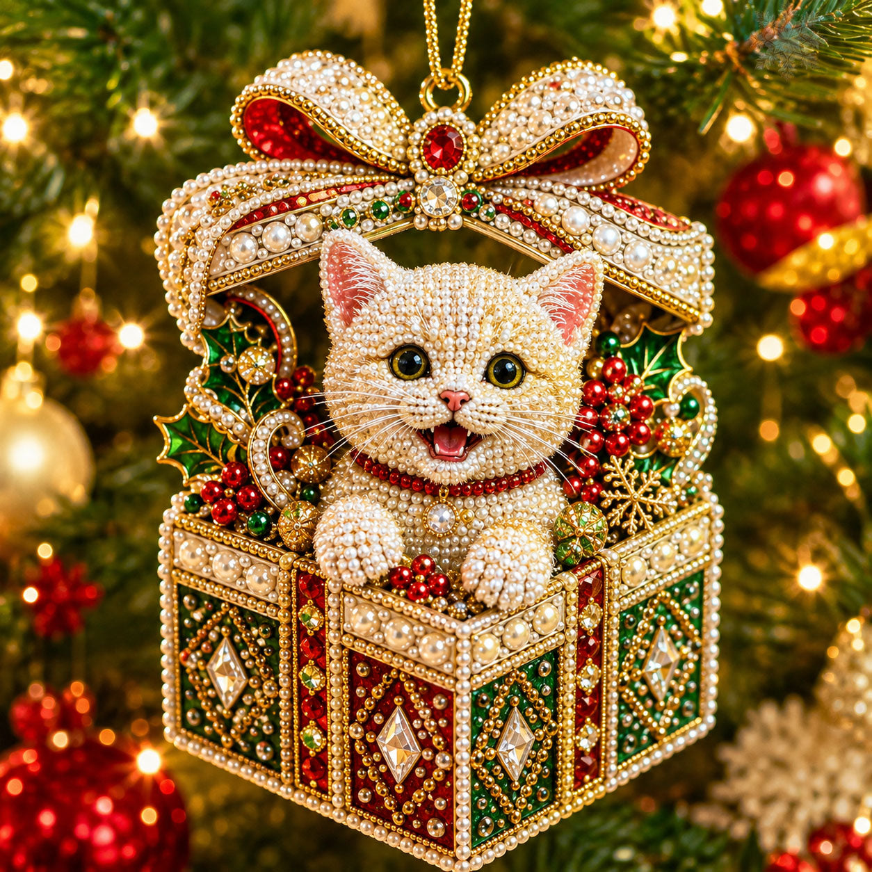 Jeweled Christmas Cat Christmas Mica Ornament