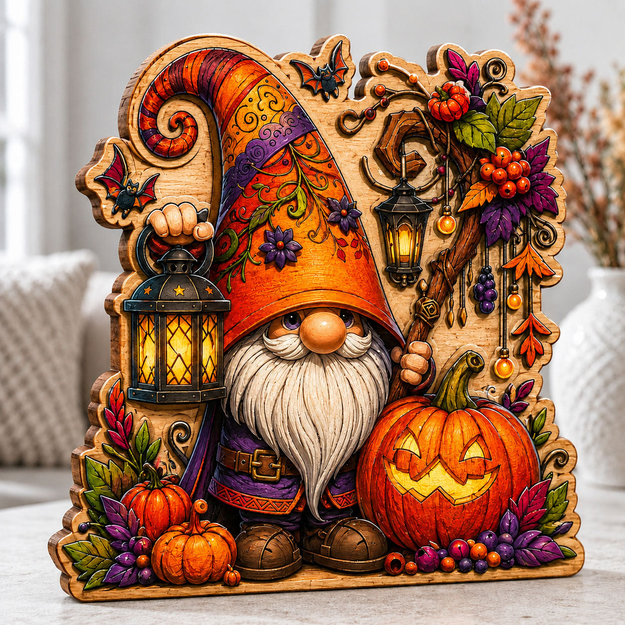 Halloween Lantern Gnome Wooden Block 3-Layers GFTOHNL2687