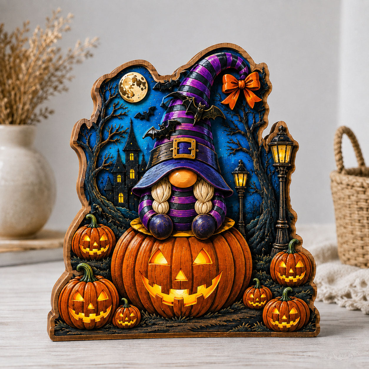 Halloween Pumpkin Gnome Wooden Block 3-Layers GFTOHNL2688