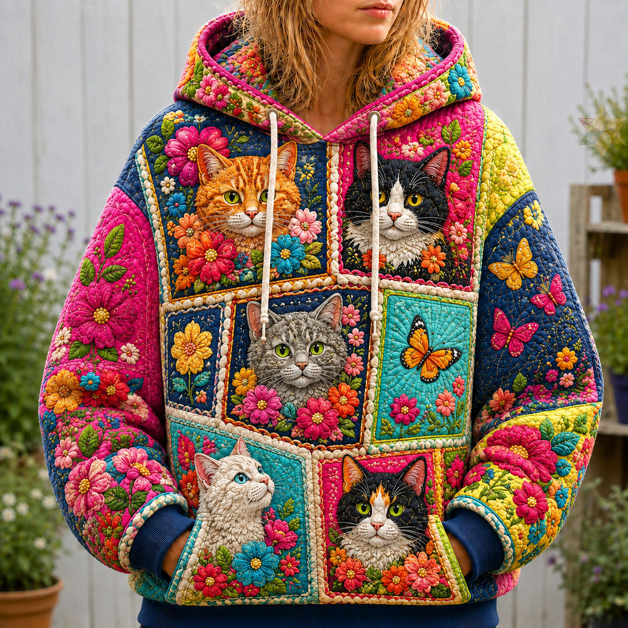 Cat Flower Patchwork Hoodie GFTOHNL2777