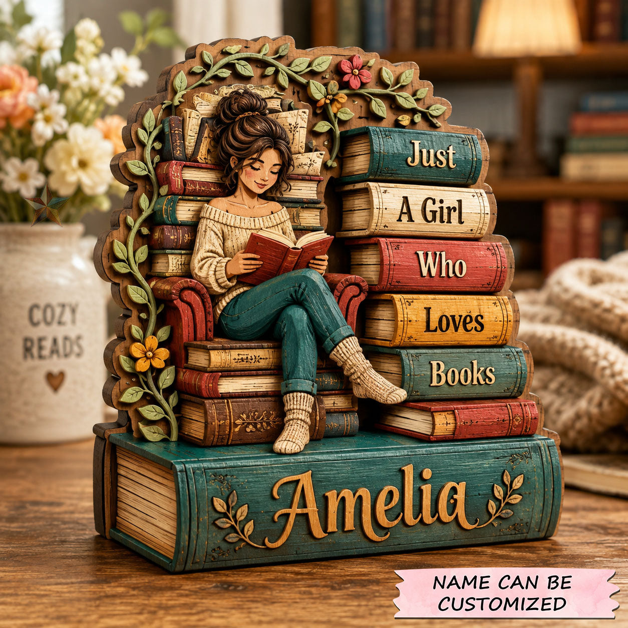 Girl Who Loves Books Wooden Block 3-Layers QTCUZ GFTOHNL2827
