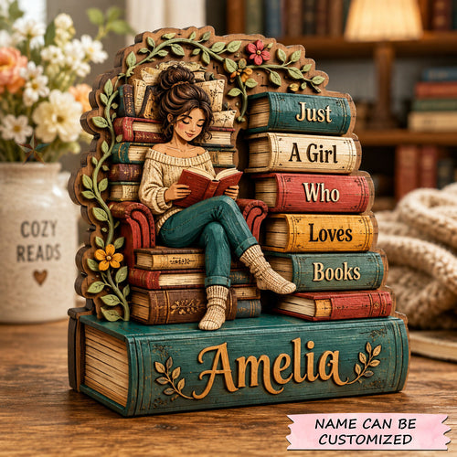 Girl Who Loves Books Wooden Block 3-Layers QTCUZ GFTOHNL2827