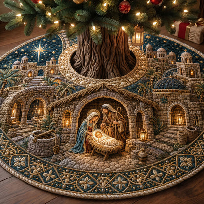 Peaceful Nativity Village Quilted Tree Skirt GFTOHNL2874