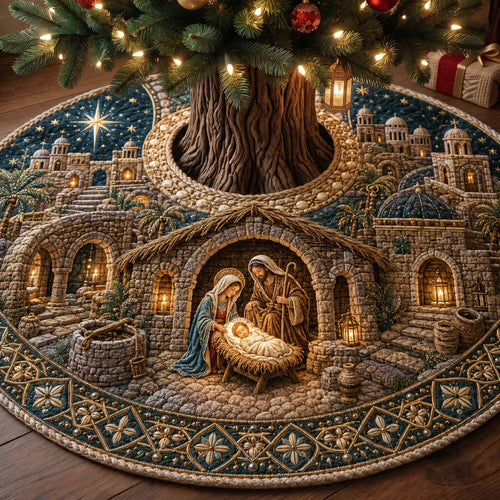 Peaceful Nativity Village Quilted Tree Skirt GFTOHNL2874
