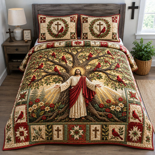 Jesus Cardinal Tree Of Life 3-Piece Quilted Bedding Set GFTOHNL2909