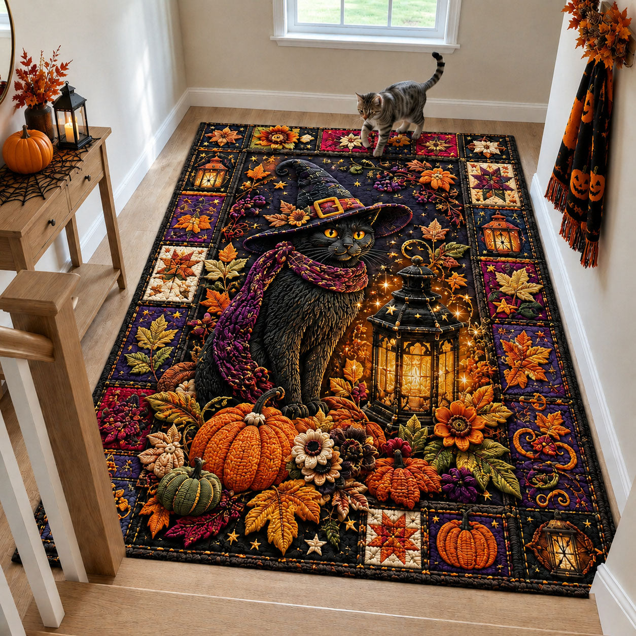Black Cat Halloween Lantern Area Rug GFTOHNL2923