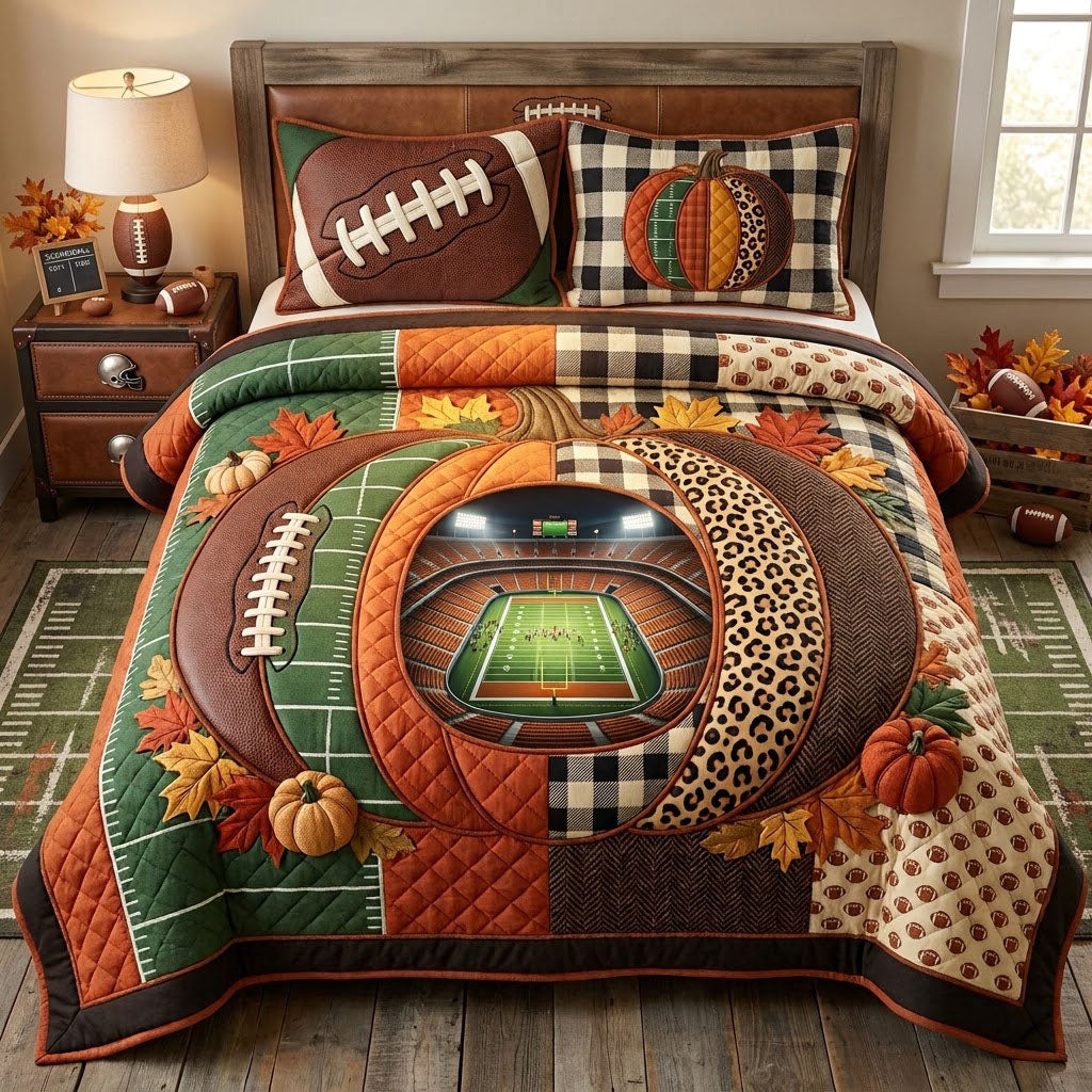 Fall Football Stadium 3-Piece Quilted Bedding Set GFTOHNL2946