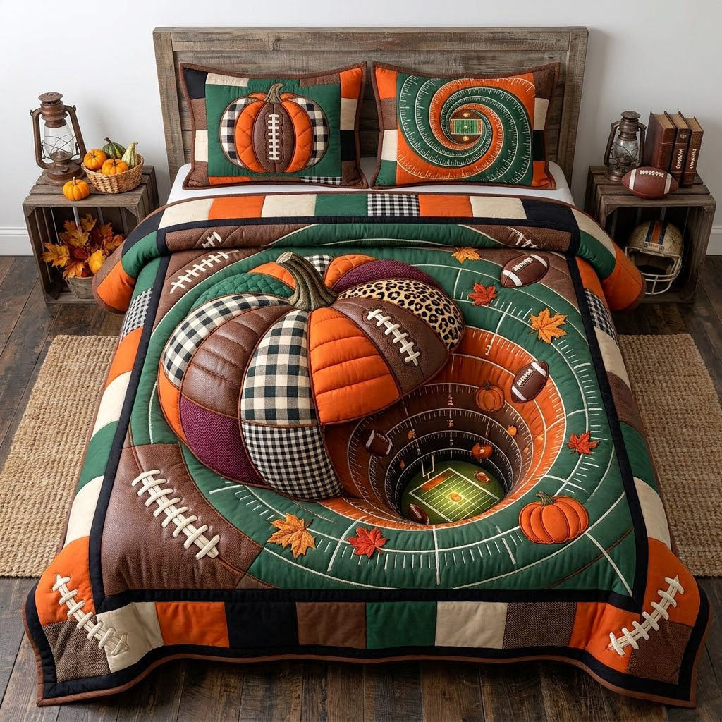 Pumpkin Football Spiral 3-Piece Quilted Bedding Set GFTOHNL2947