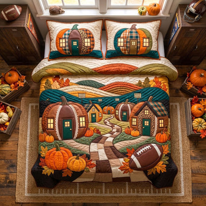 Pumpkin Football Village 3-Piece Quilted Bedding Set GFTOHNL2950