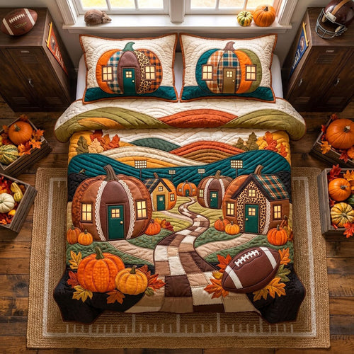 Pumpkin Football Village 3-Piece Quilted Bedding Set GFTOHNL2950