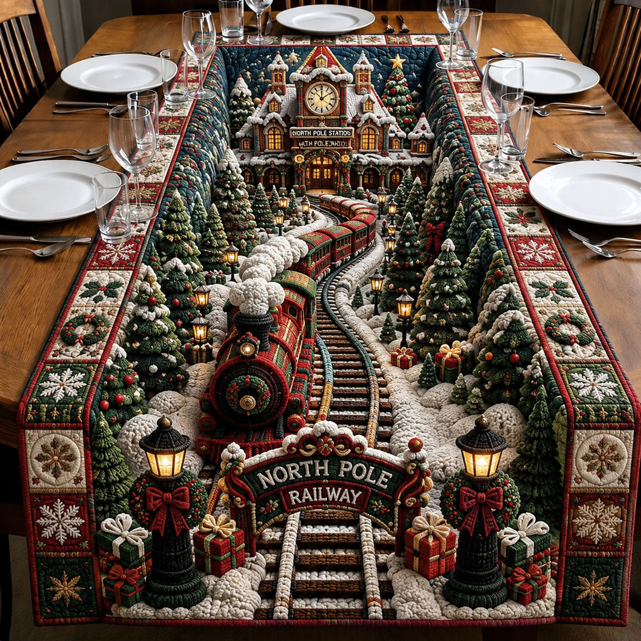 North Pole Christmas Railway Quilted Table Runner GFTOHNL2953
