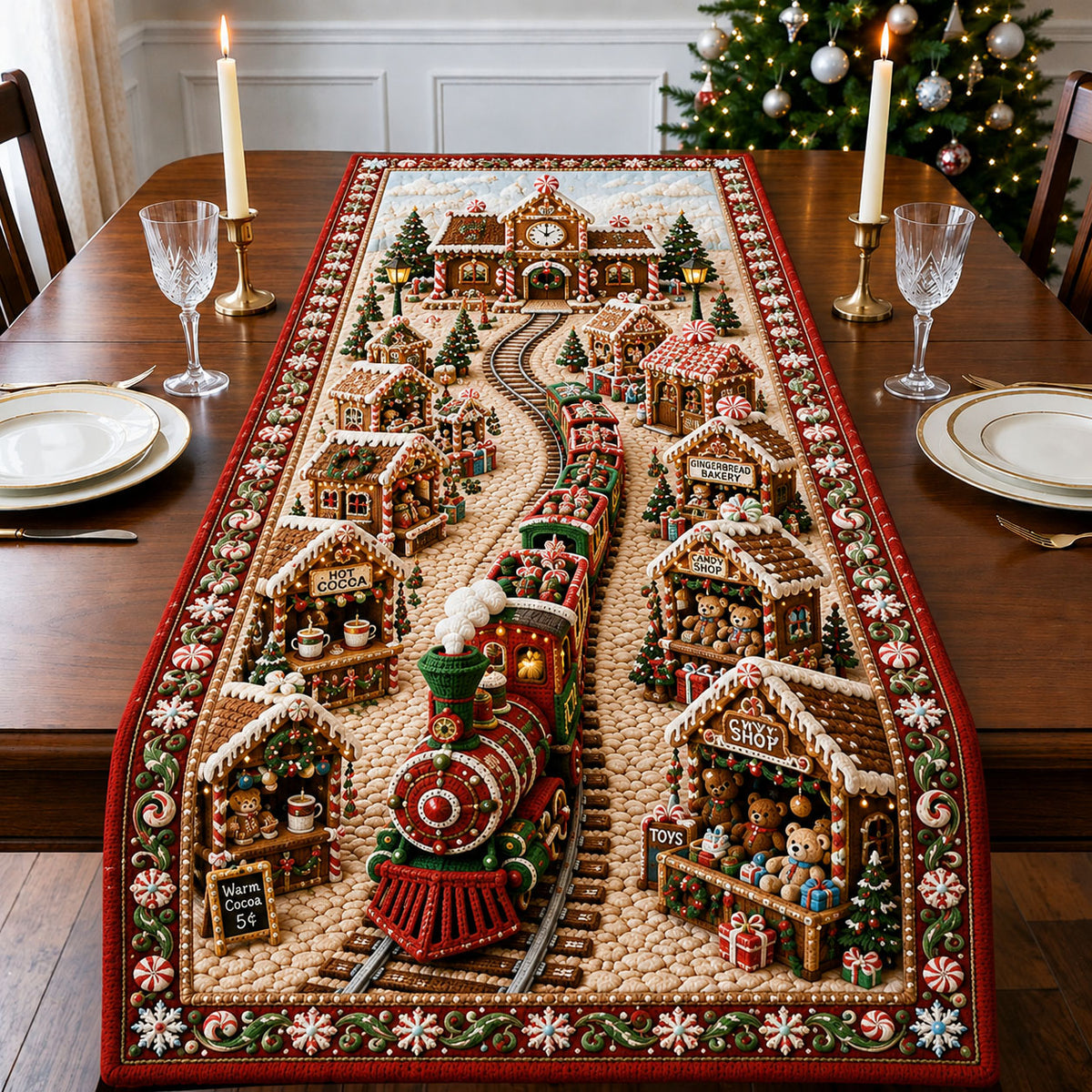 Gingerbread Christmas Train Quilted Table Runner GFTOHNL2958
