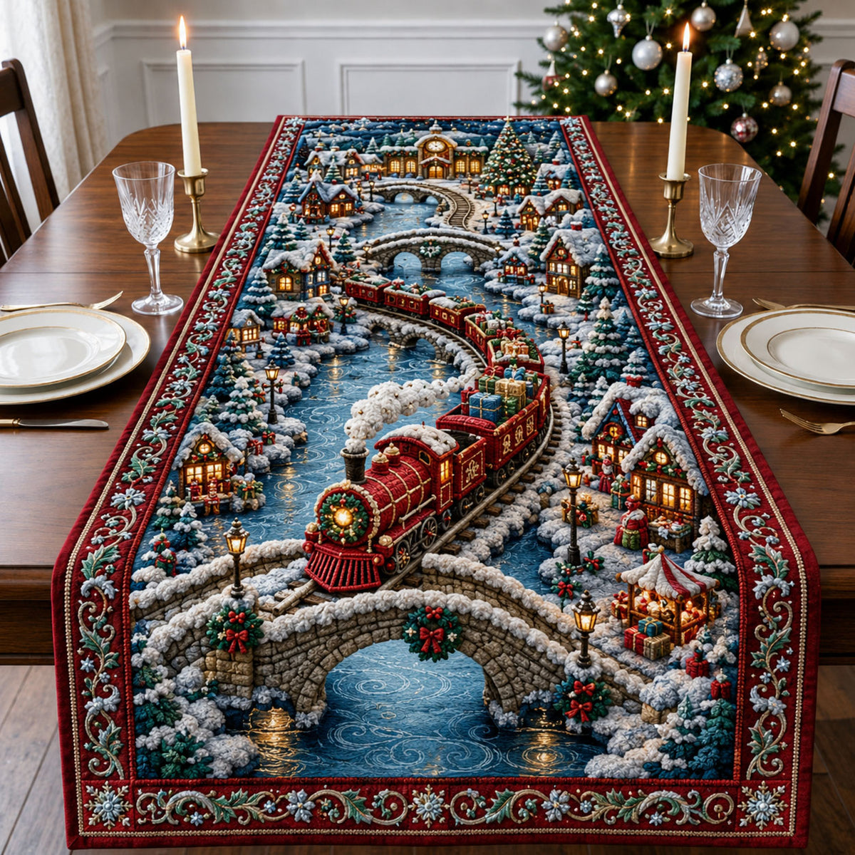 Winter Bridge Train Quilted Table Runner GFTOHNL2990
