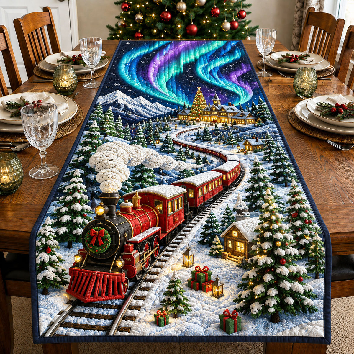 Northern Lights Christmas Train Quilted Table Runner GFTOHNL2991