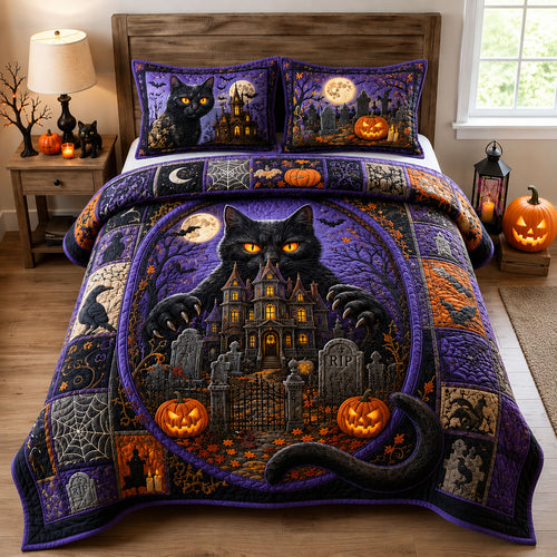 Black Cat Haunted House 3-Piece Quilted Bedding Set GFTOHNL2995