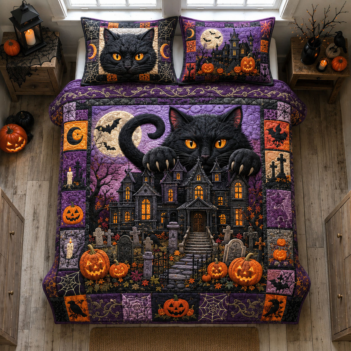 Black Cat Halloween Mansion 3-Piece Quilted Bedding Set GFTOHNL2996