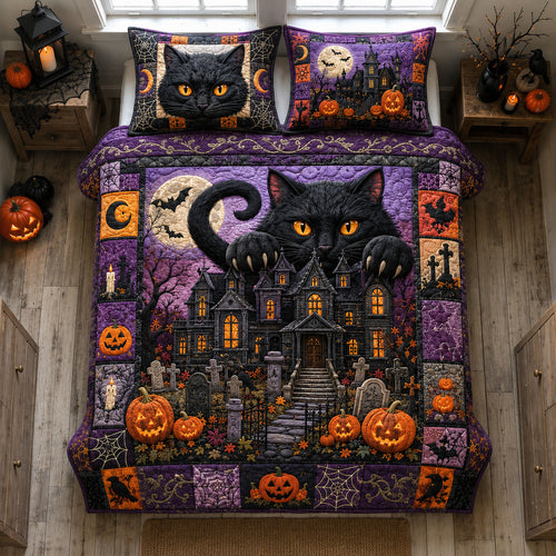 Black Cat Halloween Mansion 3-Piece Quilted Bedding Set GFTOHNL2996