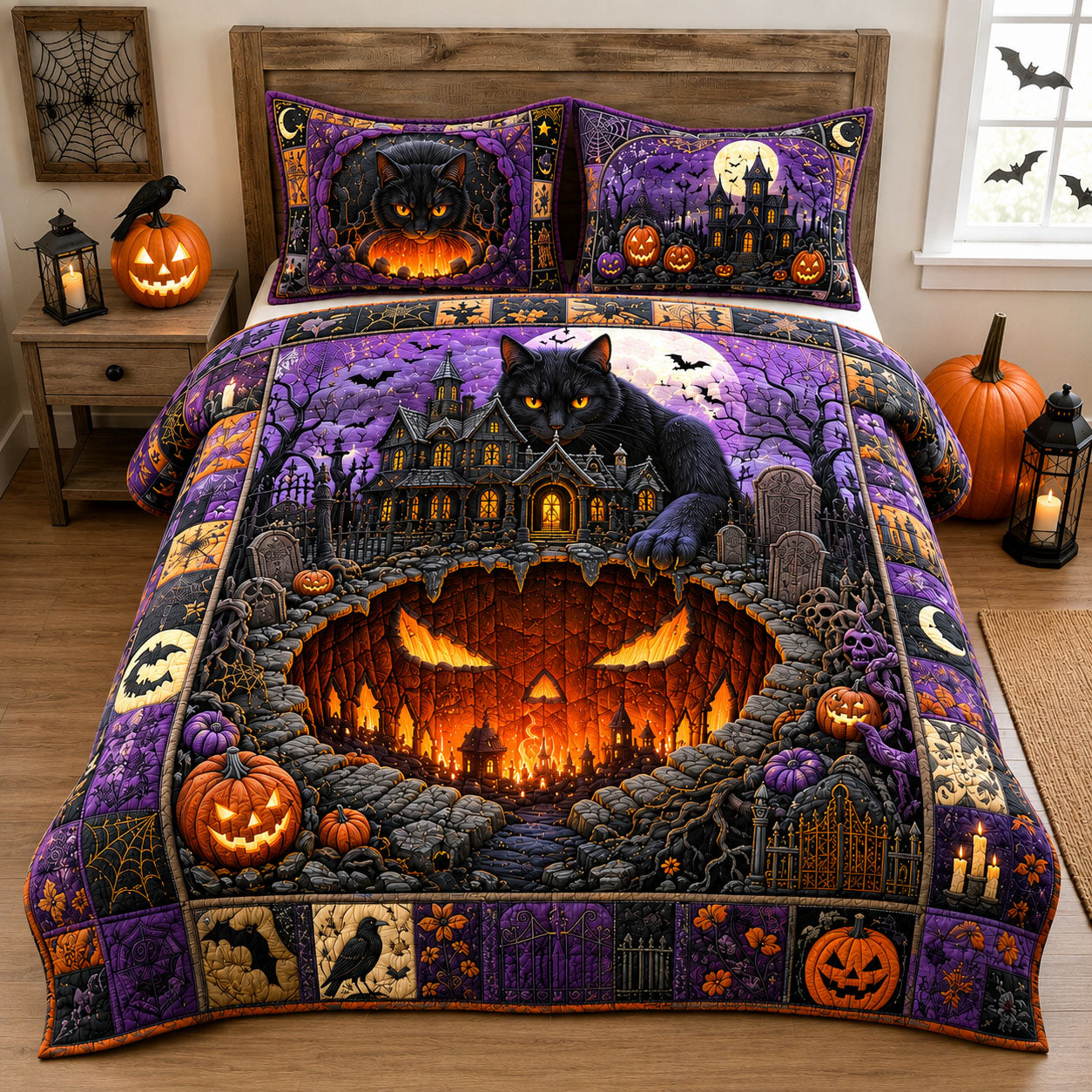 Black Cat Pumpkin Graveyard 3-Piece Quilted Bedding Set GFTOHNL2997