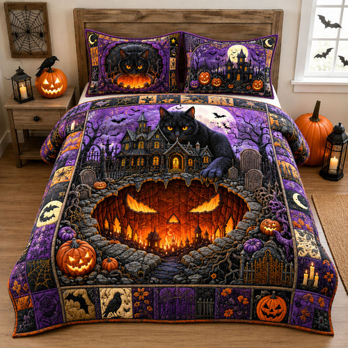 Black Cat Pumpkin Graveyard 3-Piece Quilted Bedding Set GFTOHNL2997