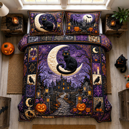 Black Cat Crescent Moon 3-Piece Quilted Bedding Set GFTOHNL2998