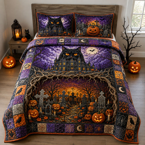 Black Cat Haunted Graveyard 3-Piece Quilted Bedding Set GFTOHNL2999