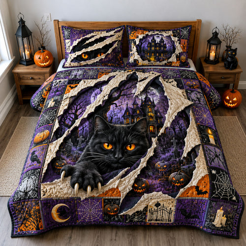 Black Cat Ripped Halloween 3-Piece Quilted Bedding Set GFTOHNL3000