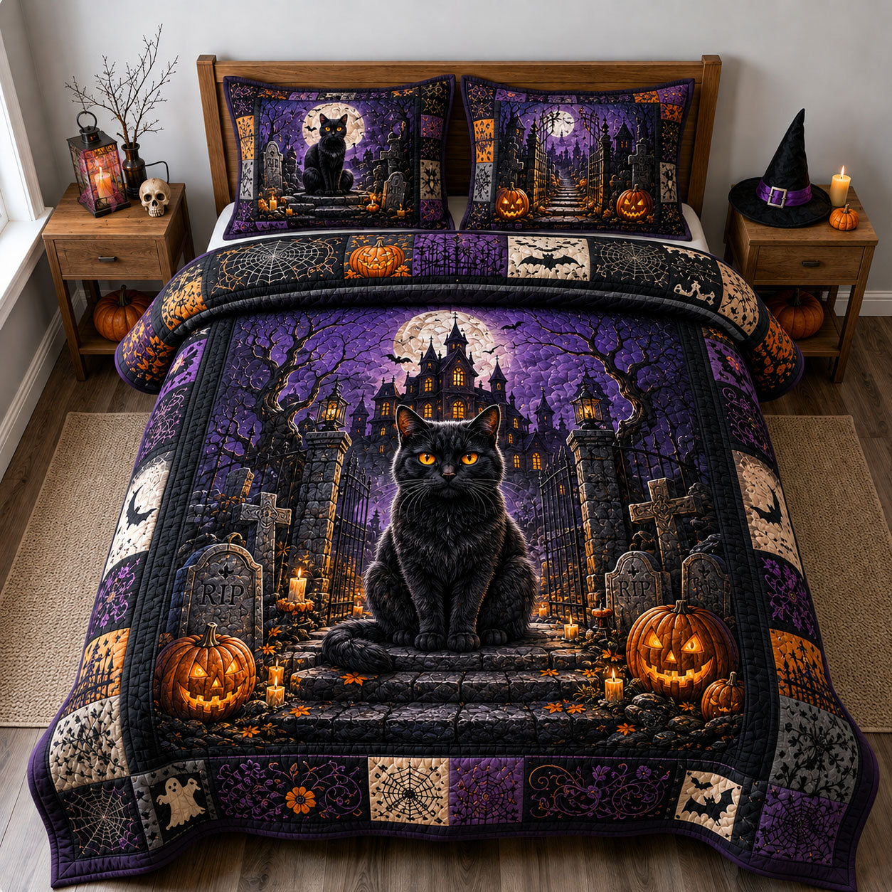 Black Cat Cemetery Gate 3-Piece Quilted Bedding Set GFTOHNL3001