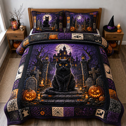 Black Cat Cemetery Gate 3-Piece Quilted Bedding Set GFTOHNL3001