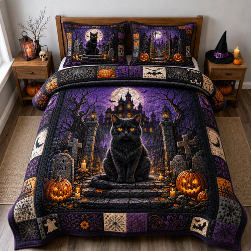 Black Cat Cemetery Gate 3-Piece Quilted Bedding Set GFTOHNL3001