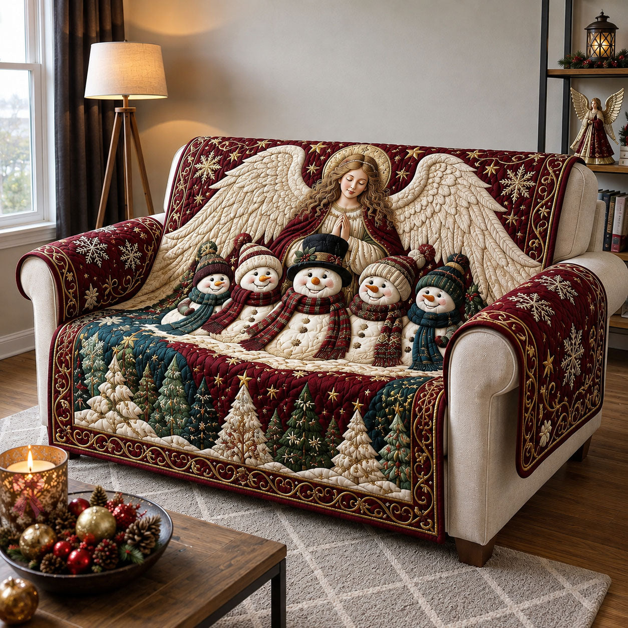 Christmas Angel Snowman Family Quilted Sofa Cover GFTOHNL3002