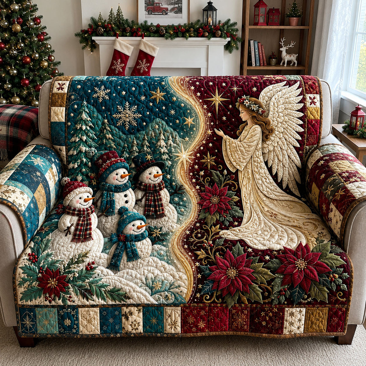 Christmas Angel Winter Snowmen Quilted Sofa Cover GFTOHNL3007