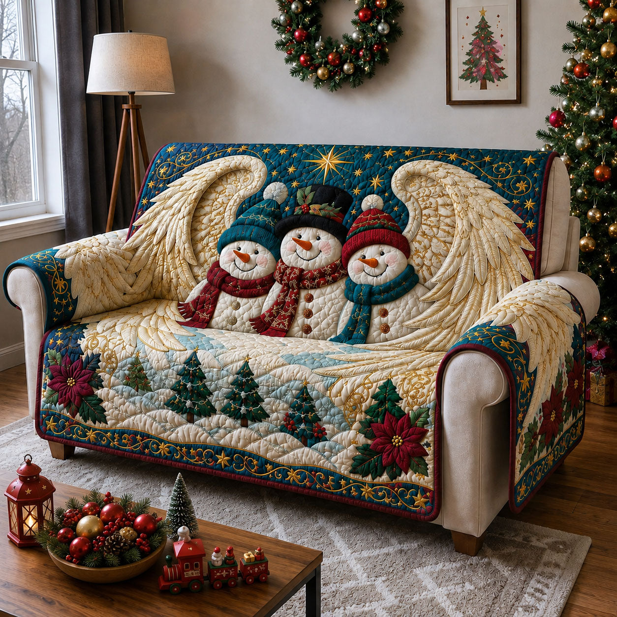 Snowman Angel Christmas Wings Quilted Sofa Cover GFTOHNL3008