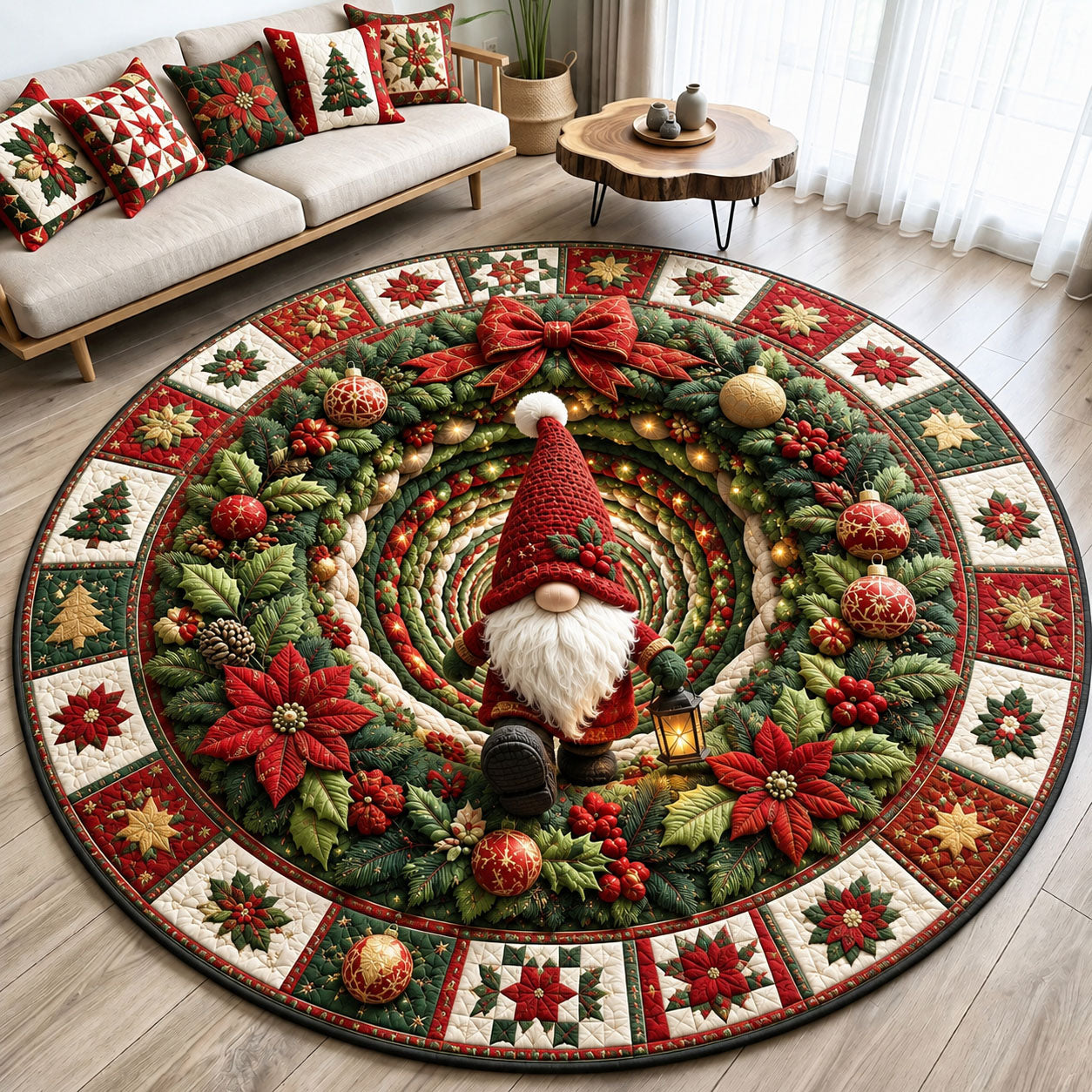 Christmas Gnome Wreath Quilted Round Mat GFTOHNL3028