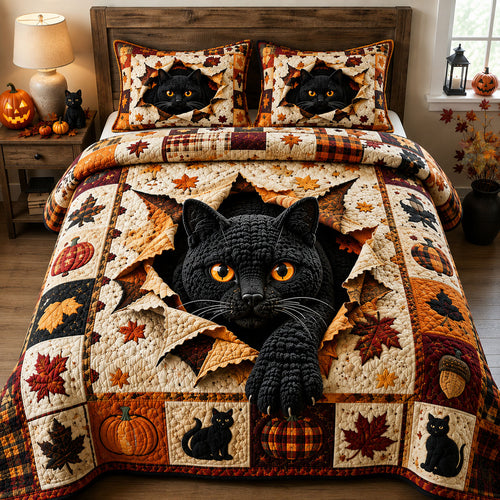 Black Cat Autumn 3-Piece Quilted Bedding Set GFTOHNL3037