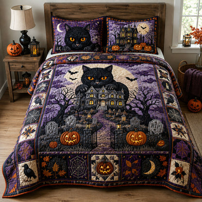 Black Cat Haunted House 3-Piece Quilted Bedding Set GFTOHNL3038
