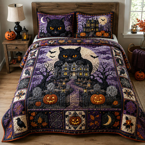 Black Cat Haunted House 3-Piece Quilted Bedding Set GFTOHNL3038