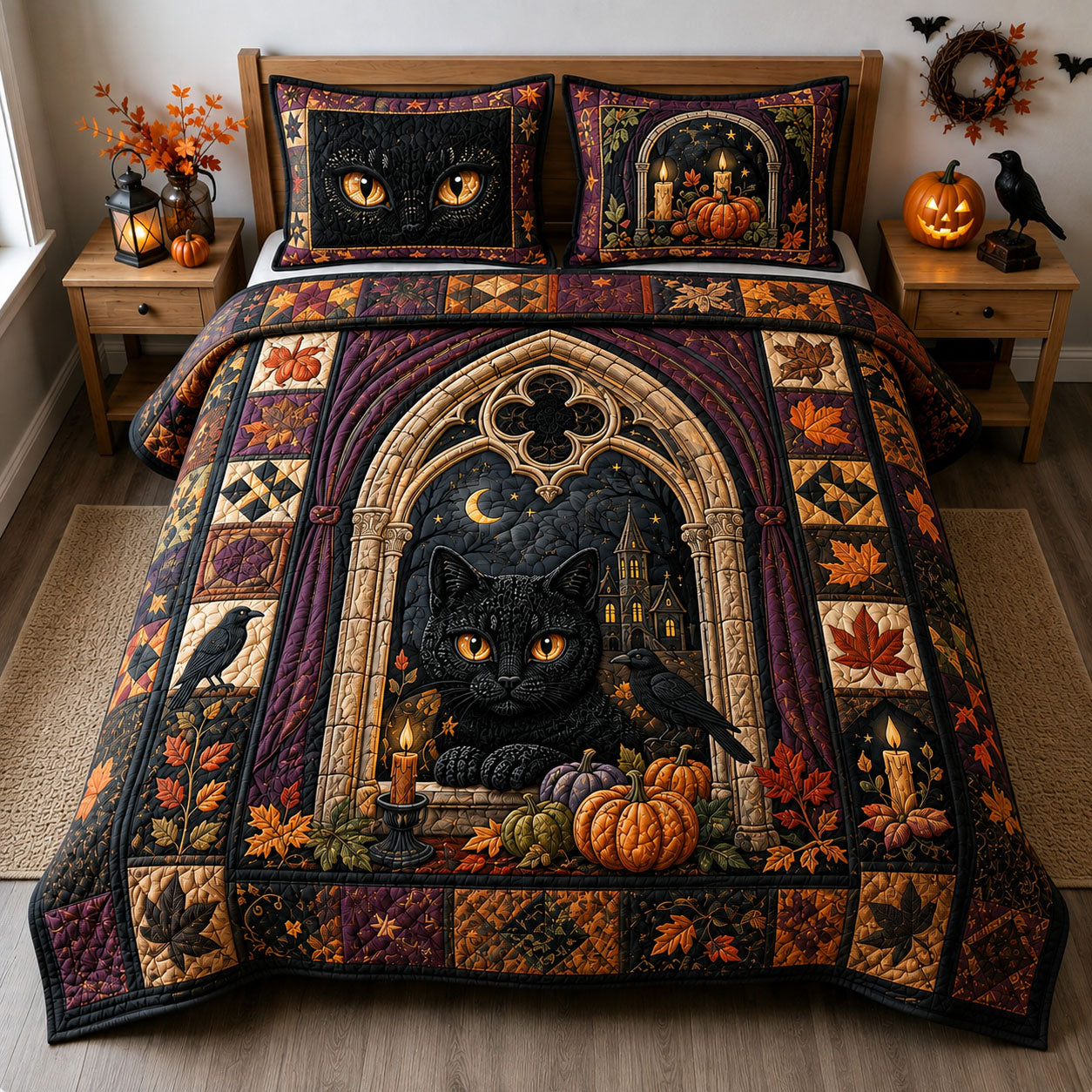 Black Cat Gothic Halloween 3-Piece Quilted Bedding Set GFTOHNL3040