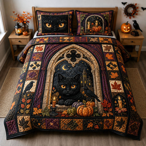 Black Cat Gothic Halloween 3-Piece Quilted Bedding Set GFTOHNL3040