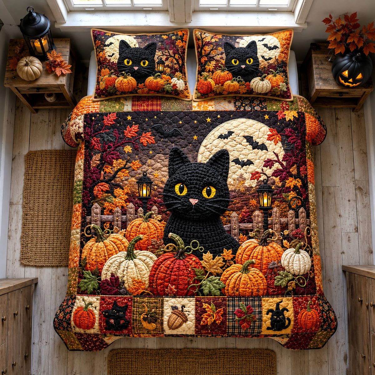Black Cat Pumpkin Night 3-Piece Quilted Bedding Set GFTOHNL3041