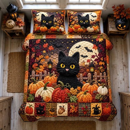 Black Cat Pumpkin Night 3-Piece Quilted Bedding Set GFTOHNL3041