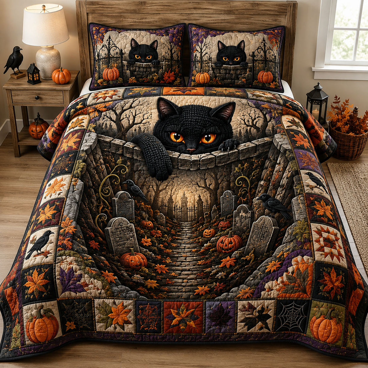 Black Cat Halloween Graveyard 3-Piece Quilted Bedding Set GFTOHNL3042