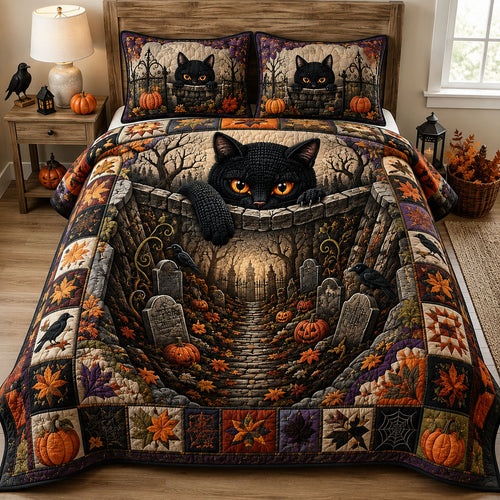 Black Cat Halloween Graveyard 3-Piece Quilted Bedding Set GFTOHNL3042