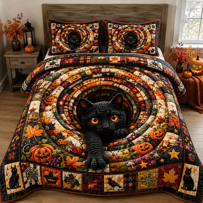 Black Cat Autumn Halloween 3-Piece Quilted Bedding Set GFTOHNL3043