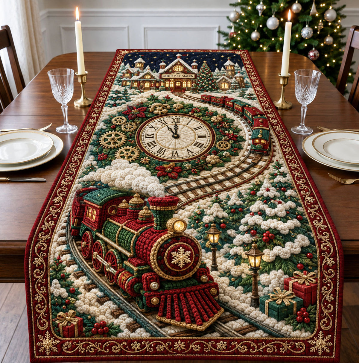 North Pole Christmas Train Quilted Table Runner GFTOHNL3044